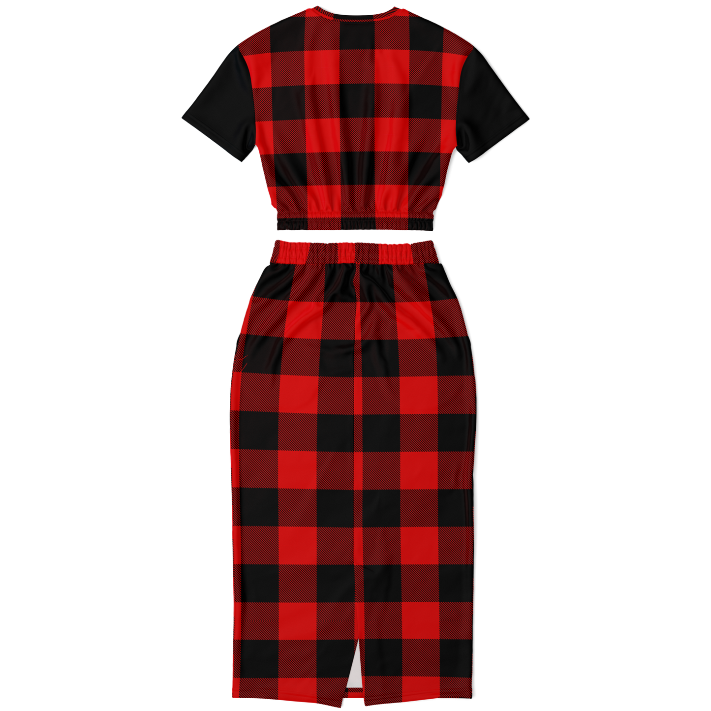 Plaid Cropped Short Sleeve Sweatshirt and Long Pocket Skirt Set