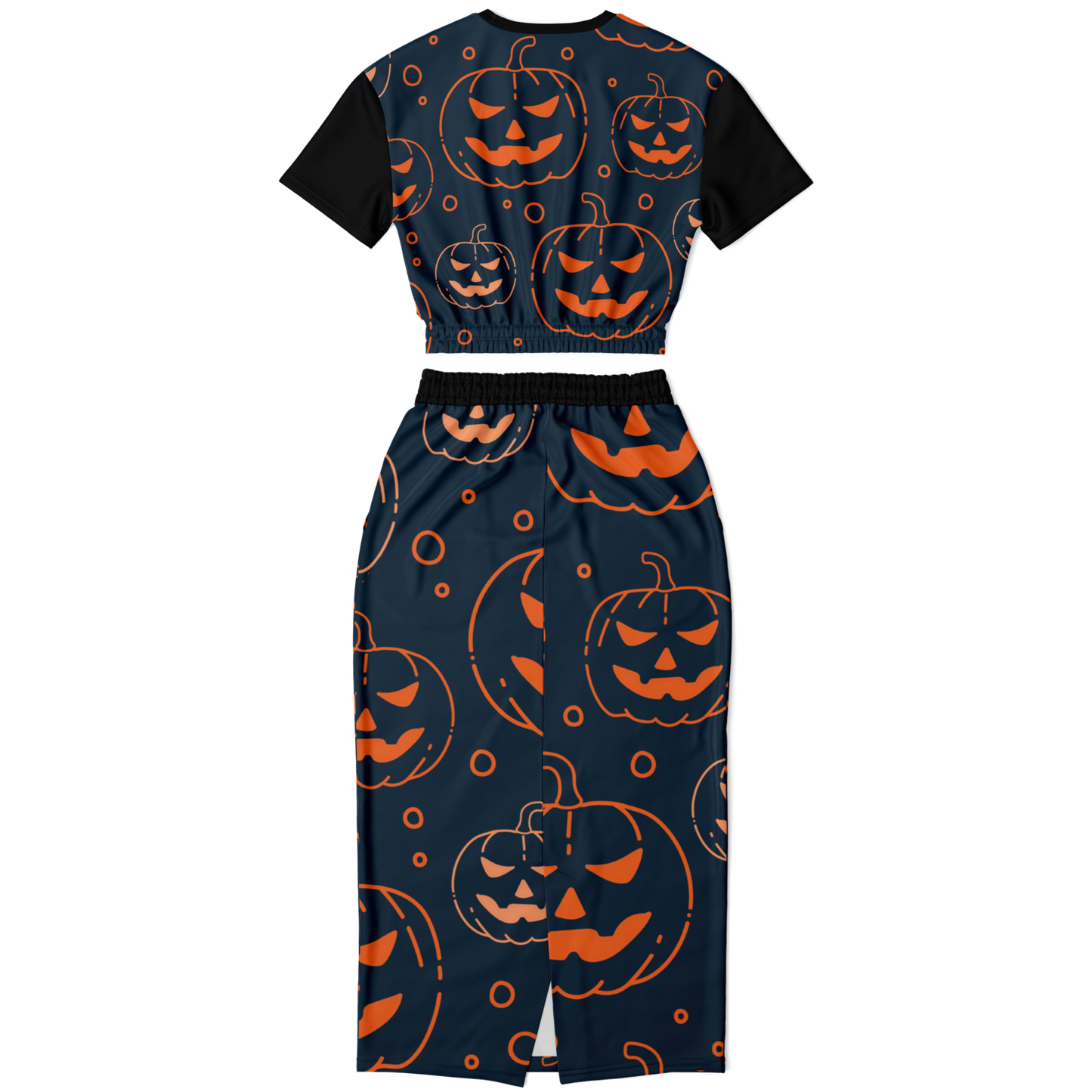 Halloween Jack-O-Lantern Cropped Short Sleeve Sweatshirt and Long Pocket Skirt Set