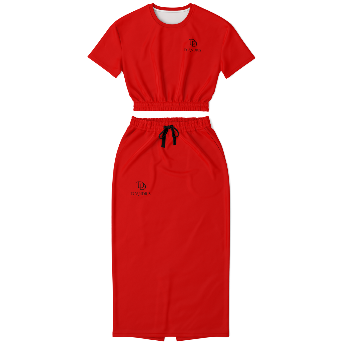 Red Cropped Short Sleeve Sweatshirt and Long Pocket Skirt Set