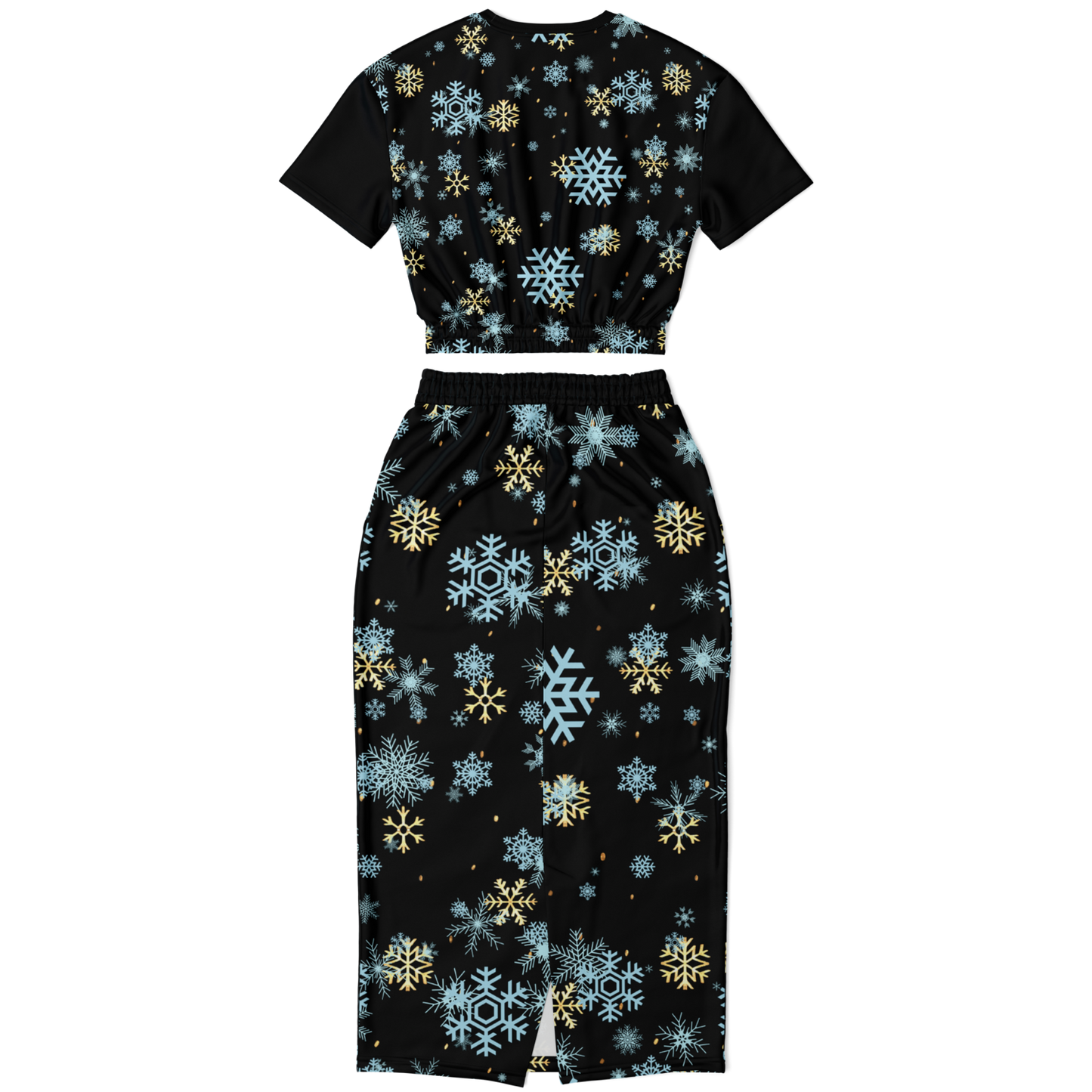 Black Snowfall Christmas Cropped Short Sleeve Sweatshirt and Long Pocket Skirt Set