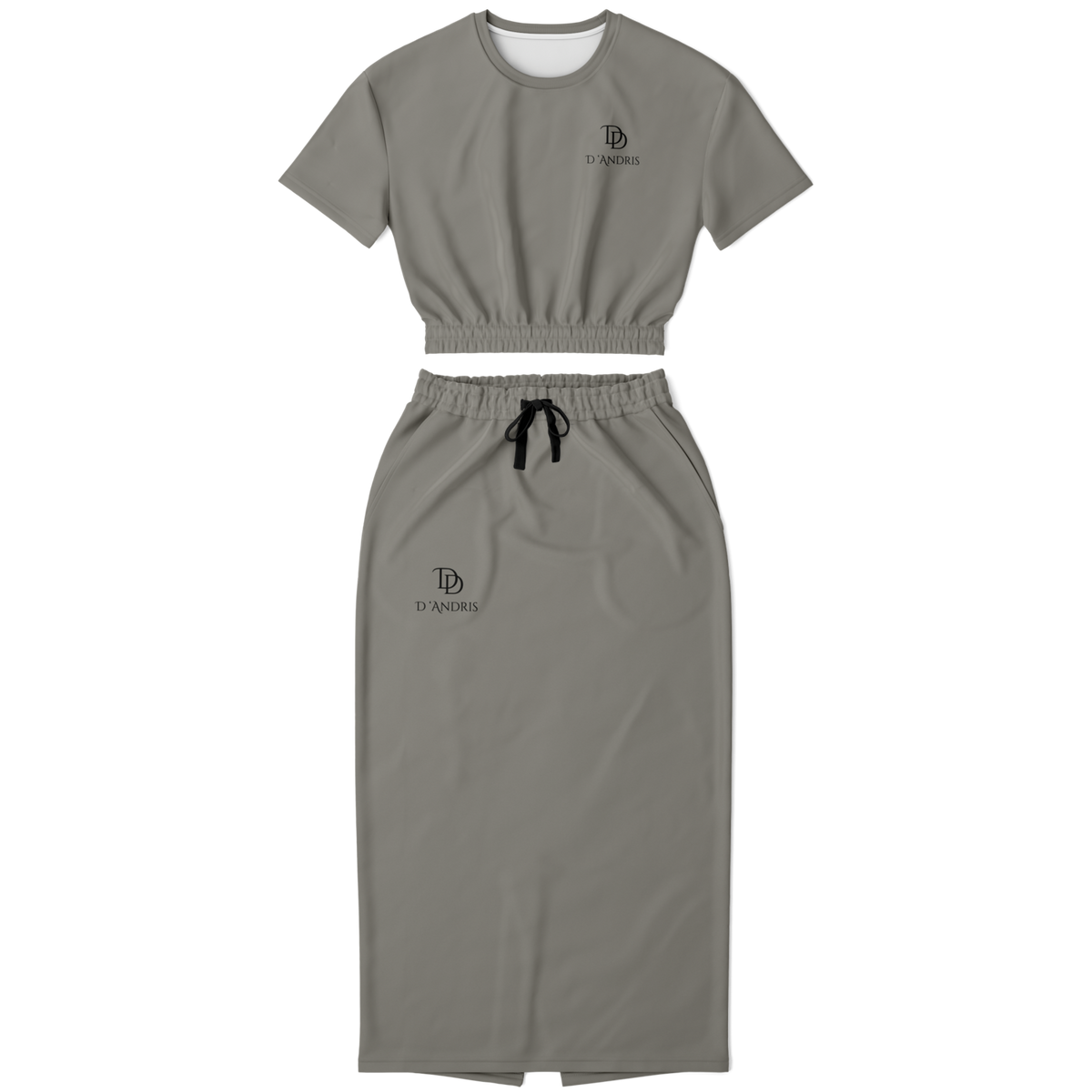 Gray Cropped Short Sleeve Sweatshirt and Long Pocket Skirt Set