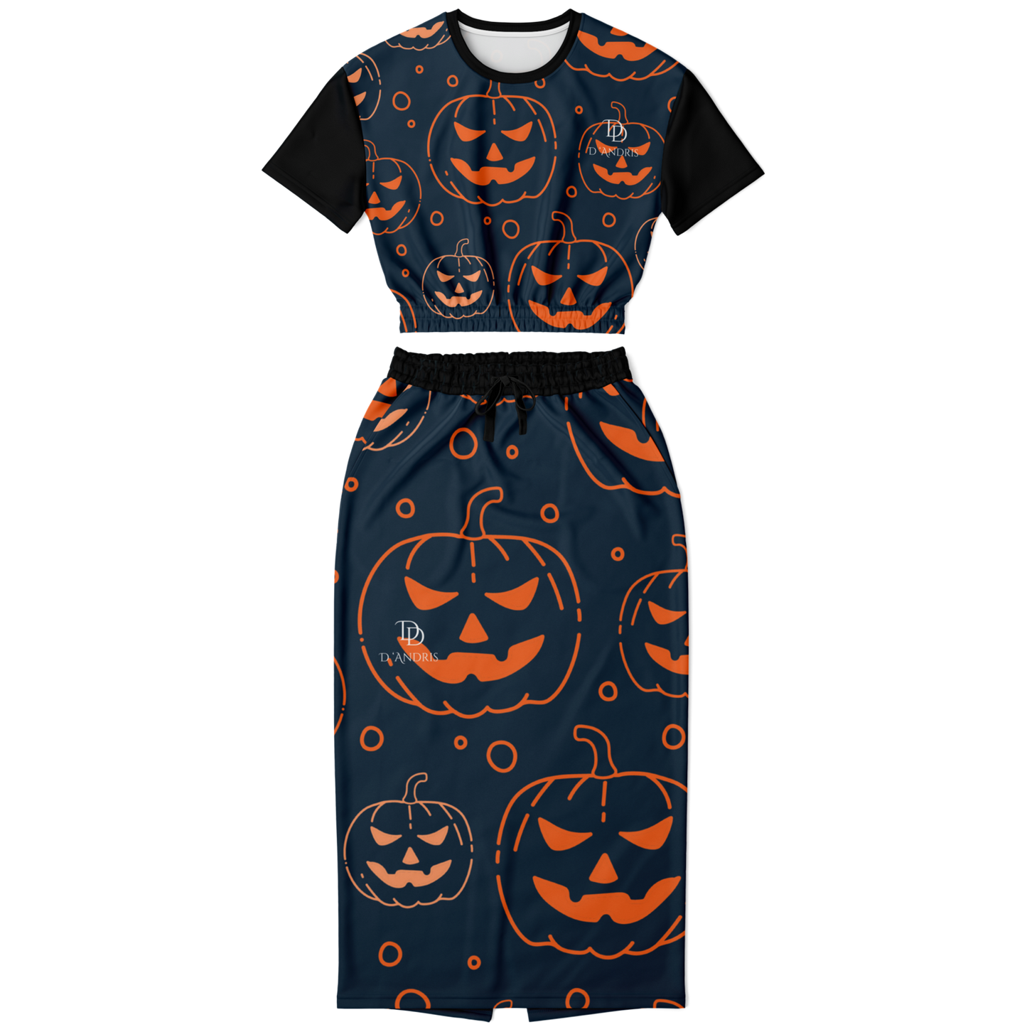 Halloween Jack-O-Lantern Cropped Short Sleeve Sweatshirt and Long Pocket Skirt Set