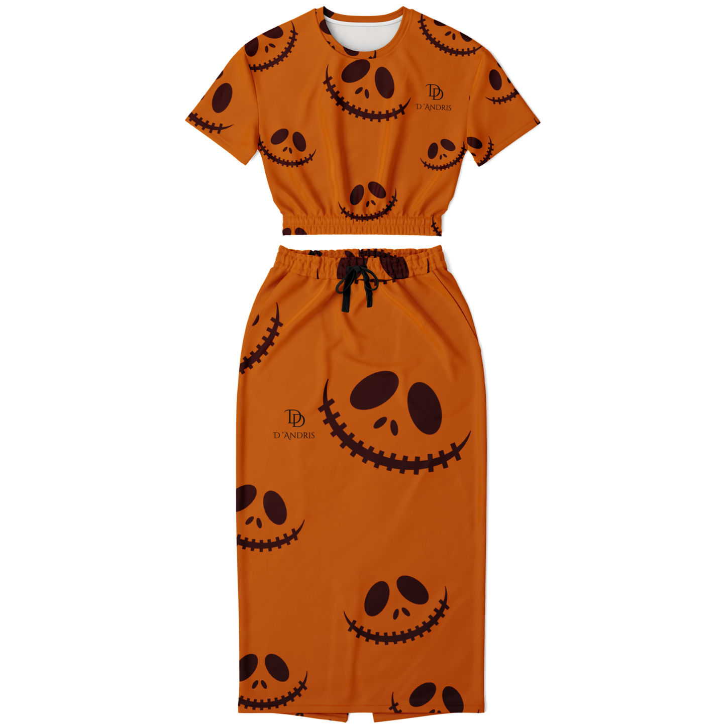 Halloween Jack's Smile Cropped Short Sleeve Sweatshirt and Long Pocket Skirt Set