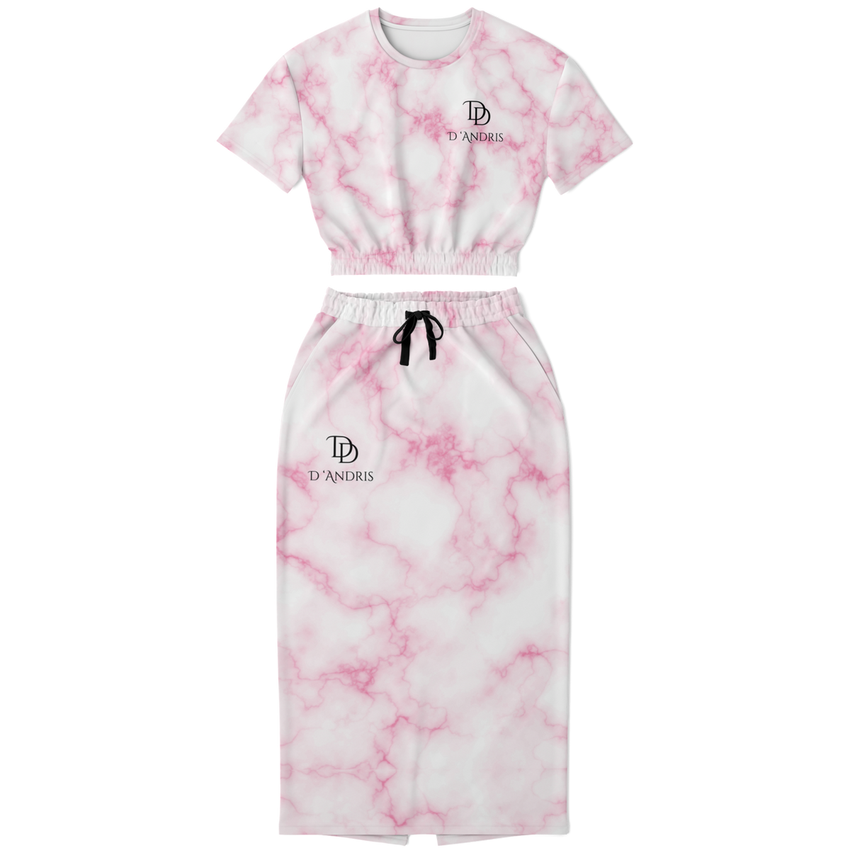 White Marble Cropped Short Sleeve Sweatshirt and Long Pocket Skirt Set