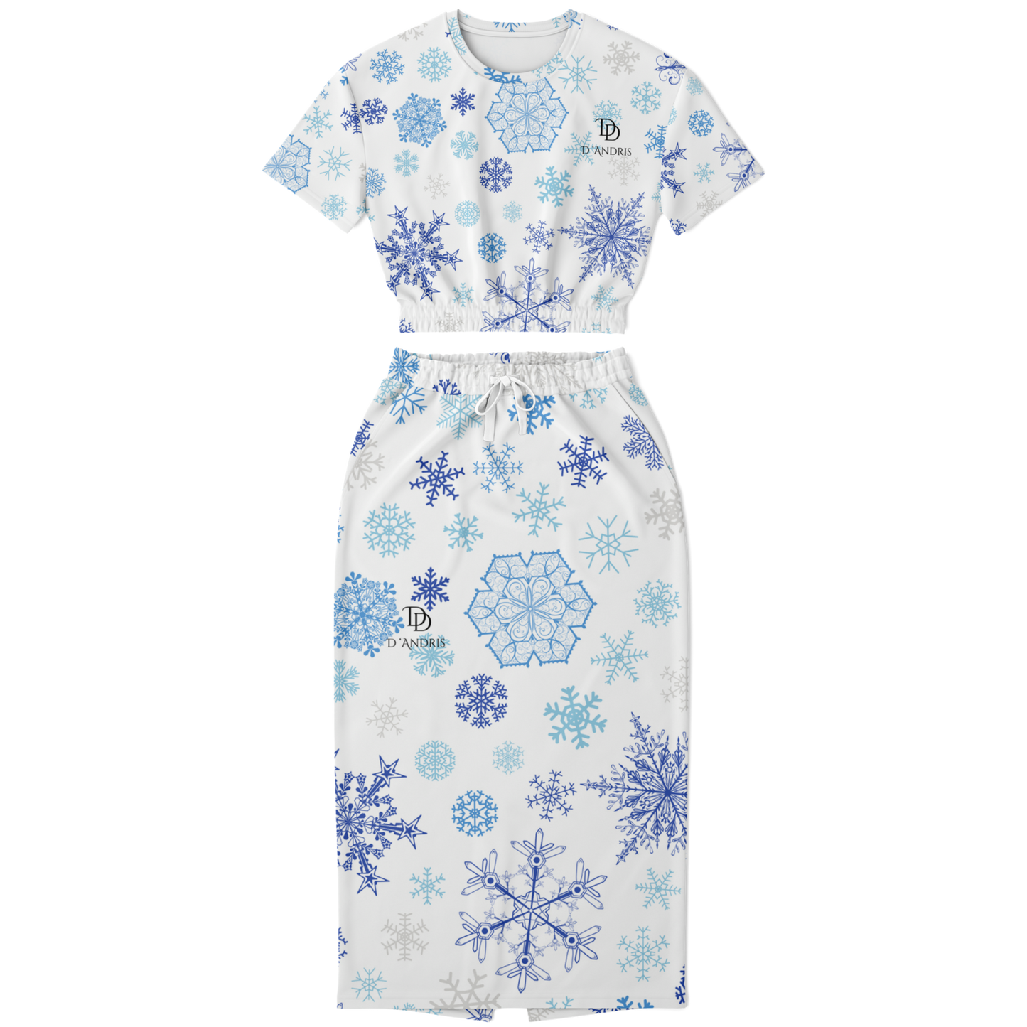 White Snowfall Christmas Cropped Short Sleeve Sweatshirt and Long Pocket Skirt Set