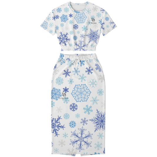 White Snowfall Christmas Cropped Short Sleeve Sweatshirt and Long Pocket Skirt Set