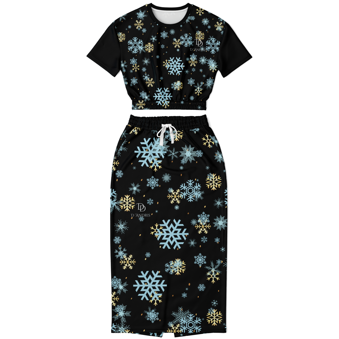 Black Snowfall Christmas Cropped Short Sleeve Sweatshirt and Long Pocket Skirt Set