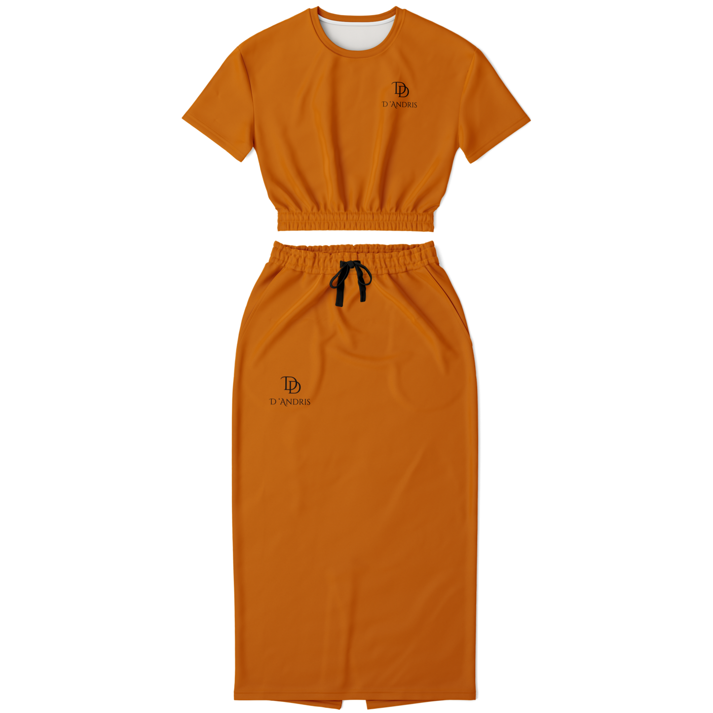 Orange Cropped Short Sleeve Sweatshirt and Long Pocket Skirt Set