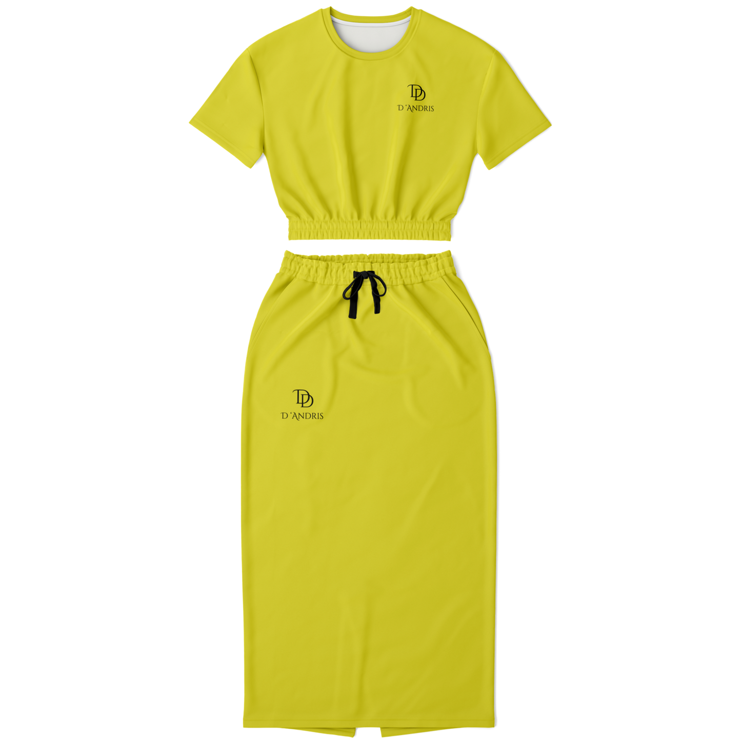 Yellow Cropped Short Sleeve Sweatshirt and Long Pocket Skirt Set