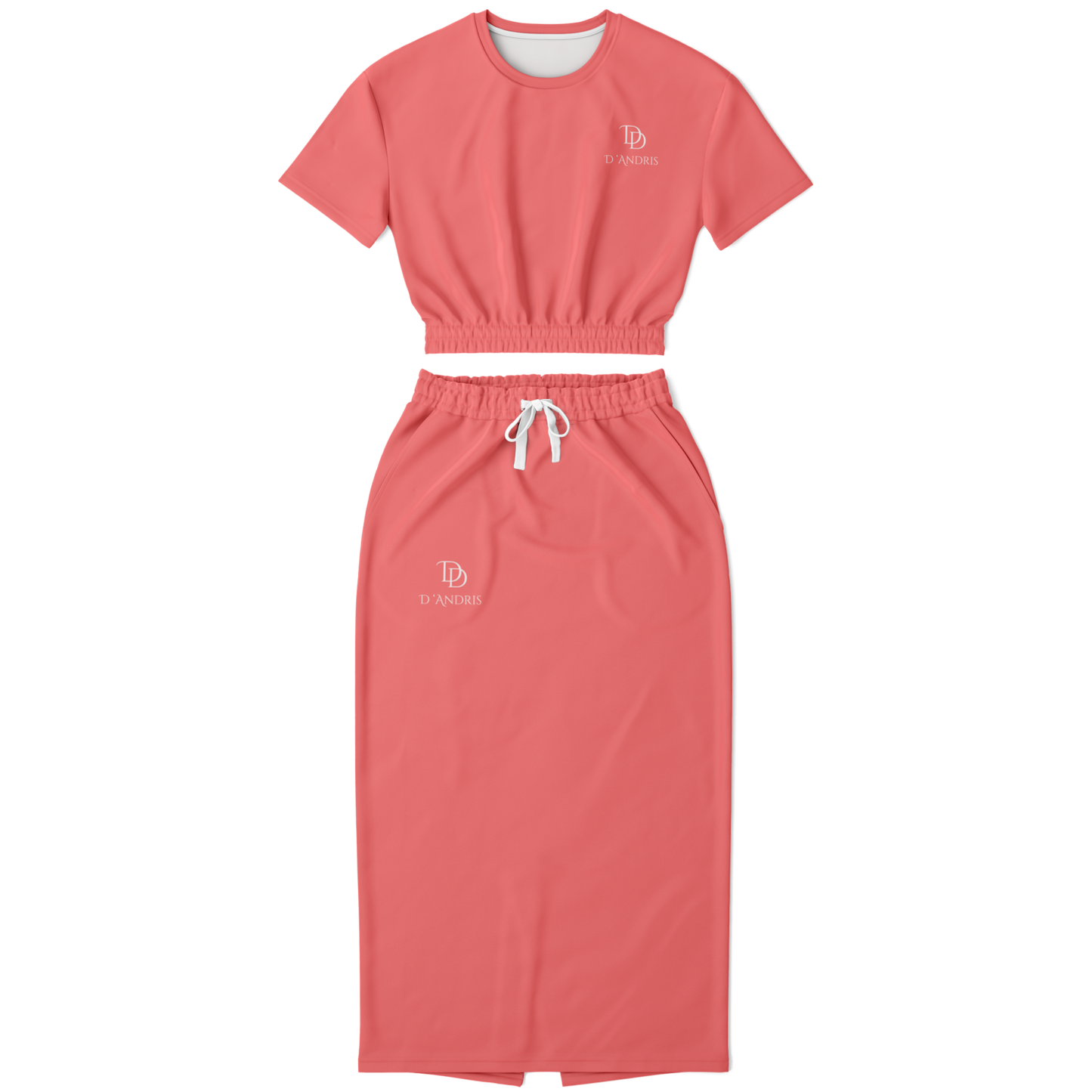 Salmon Cropped Short Sleeve Sweatshirt and Long Pocket Skirt Set