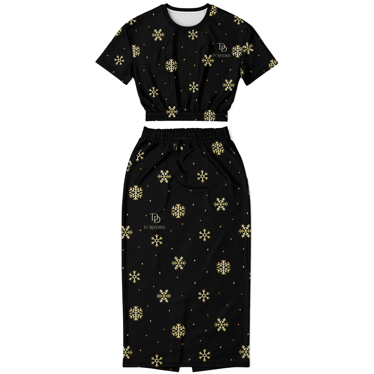 Black & Gold Christmas Cropped Short Sleeve Sweatshirt and Long Pocket Skirt Set
