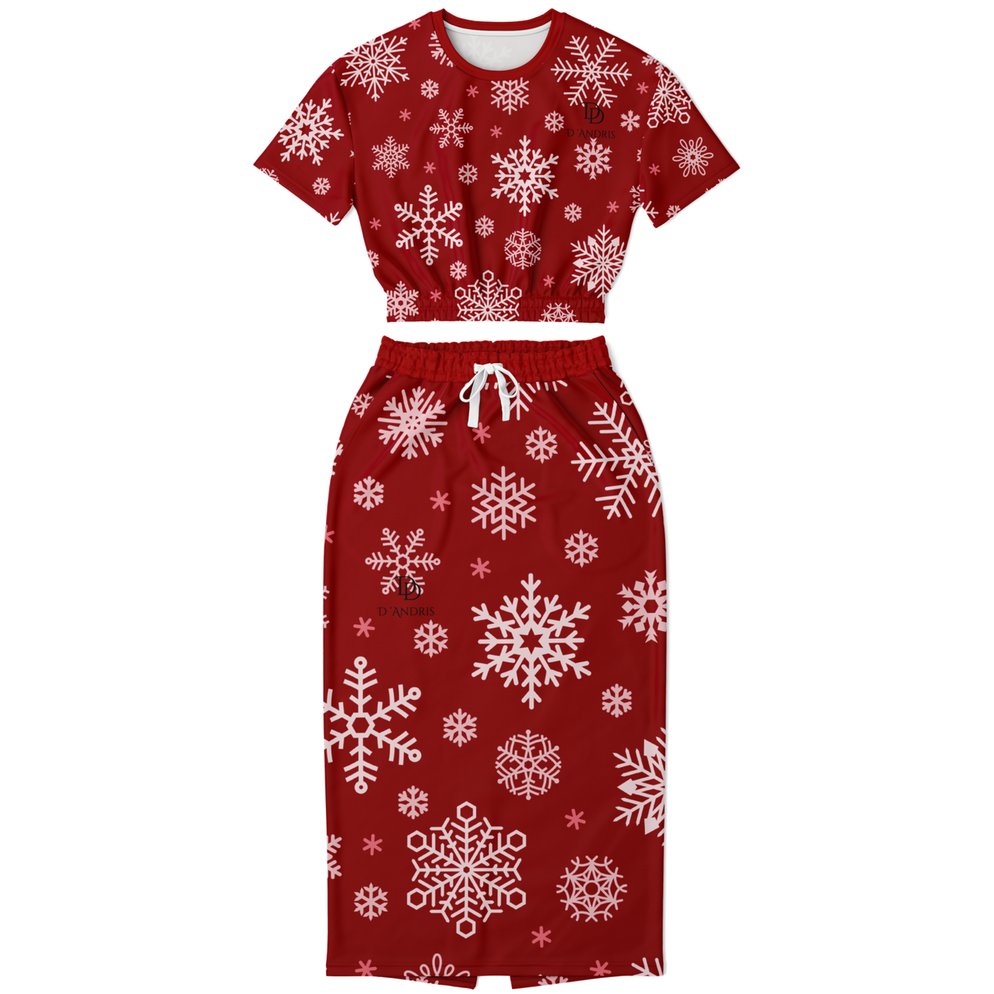 Red Snowfall Christmas Cropped Short Sleeve Sweatshirt and Long Pocket Skirt Set