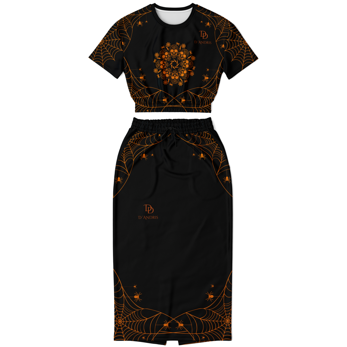 Halloween Web Cropped Short Sleeve Sweatshirt and Long Pocket Skirt Set