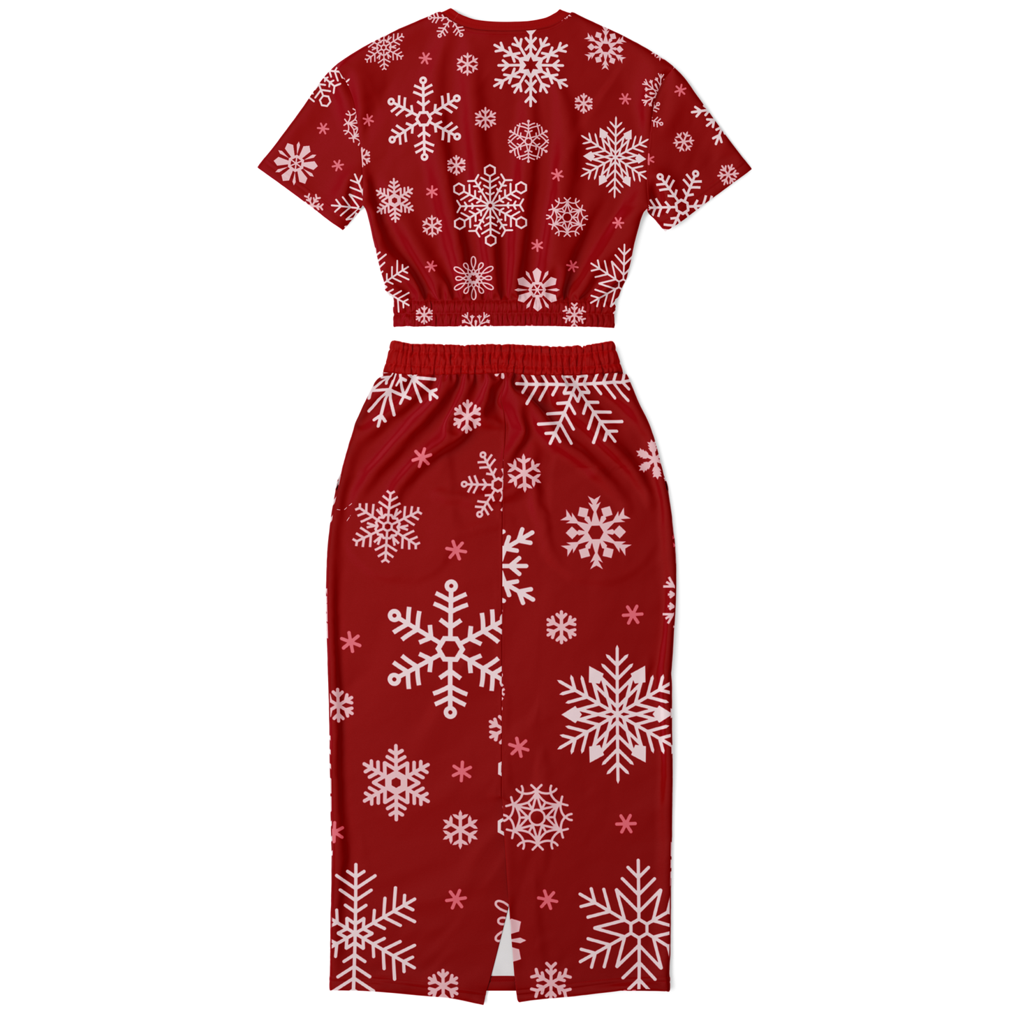 Red Snowfall Christmas Cropped Short Sleeve Sweatshirt and Long Pocket Skirt Set