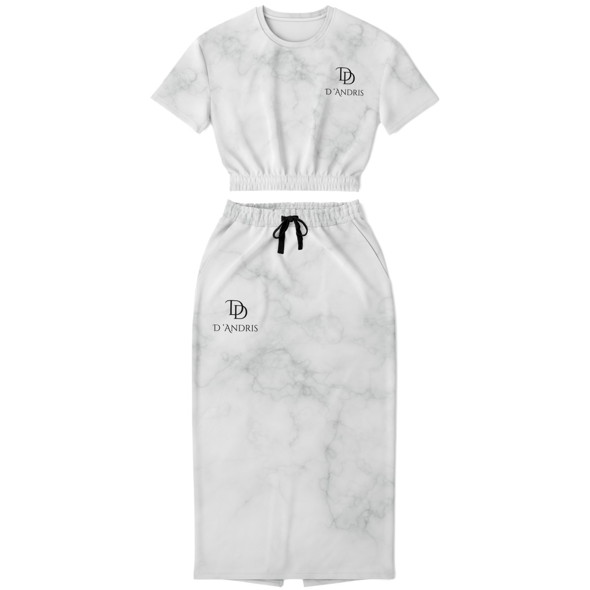 White Marble Cropped Short Sleeve Sweatshirt and Long Pocket Skirt Set