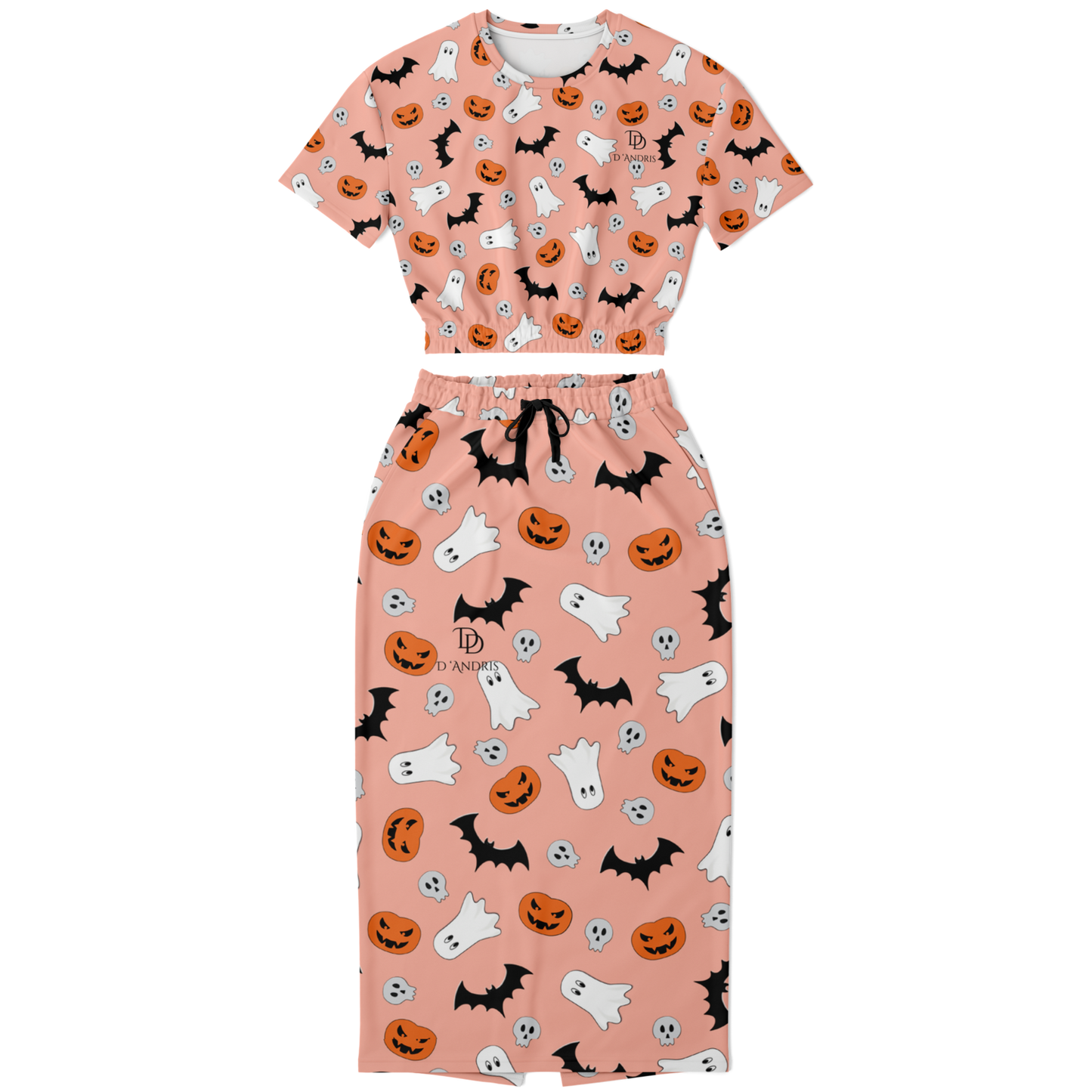 Halloween Boo Cropped Short Sleeve Sweatshirt and Long Pocket Skirt Set