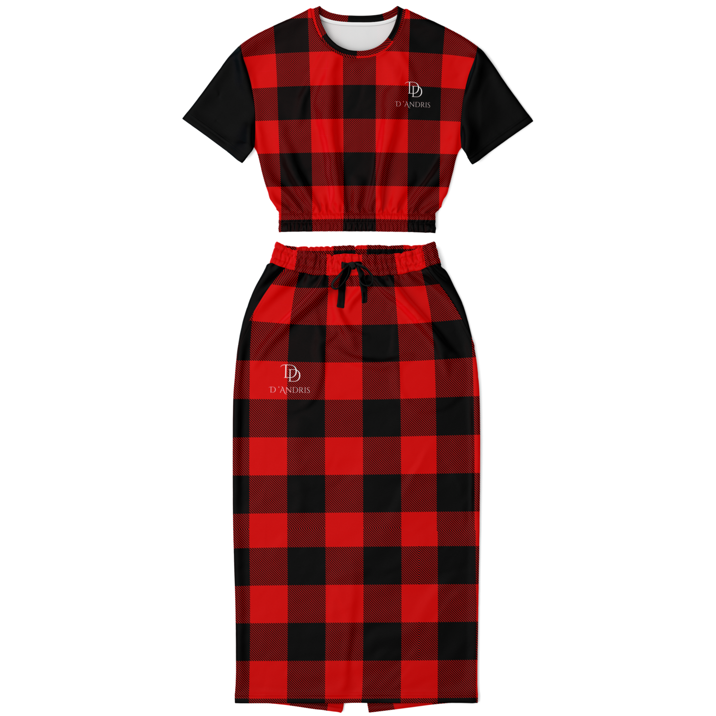 Plaid Cropped Short Sleeve Sweatshirt and Long Pocket Skirt Set